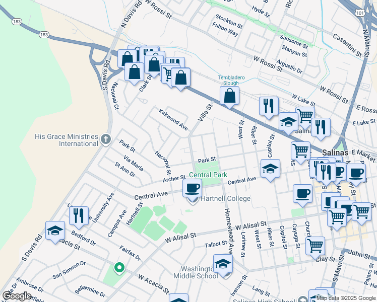 map of restaurants, bars, coffee shops, grocery stores, and more near 46 Villa Street in Salinas