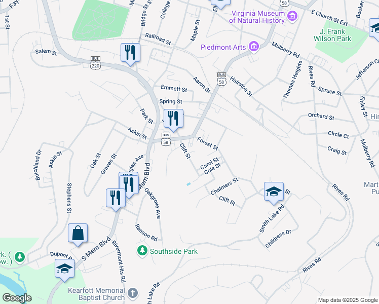 map of restaurants, bars, coffee shops, grocery stores, and more near 315 Clift Street in Martinsville
