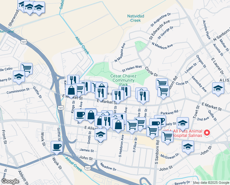 map of restaurants, bars, coffee shops, grocery stores, and more near 645 Fremont Street in Salinas
