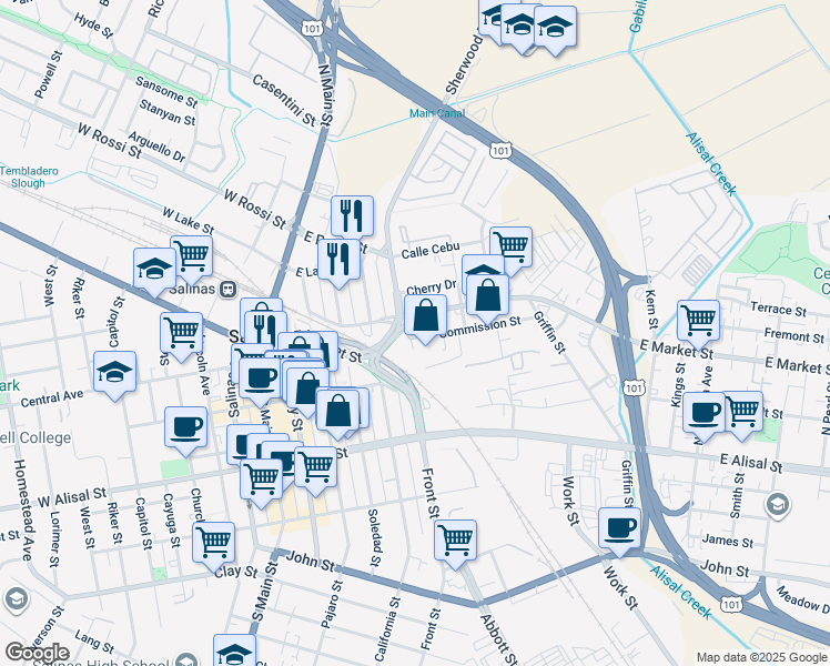 map of restaurants, bars, coffee shops, grocery stores, and more near 14 Front Street in Salinas