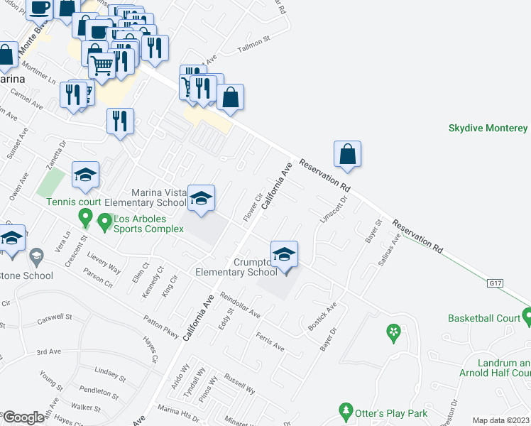 map of restaurants, bars, coffee shops, grocery stores, and more near 409 Jerry Court in Marina