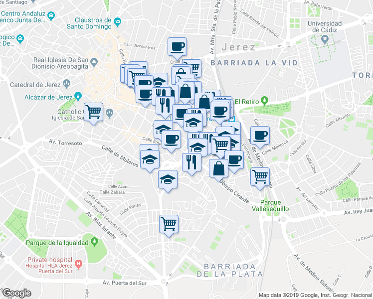 map of restaurants, bars, coffee shops, grocery stores, and more near 3D Calle Ronda de San Telmo in Jerez de la Frontera