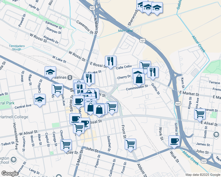map of restaurants, bars, coffee shops, grocery stores, and more near 14 Front Street in Salinas