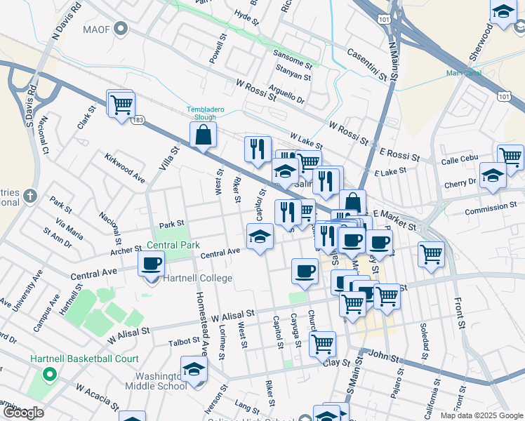 map of restaurants, bars, coffee shops, grocery stores, and more near 39 Capitol Street in Salinas