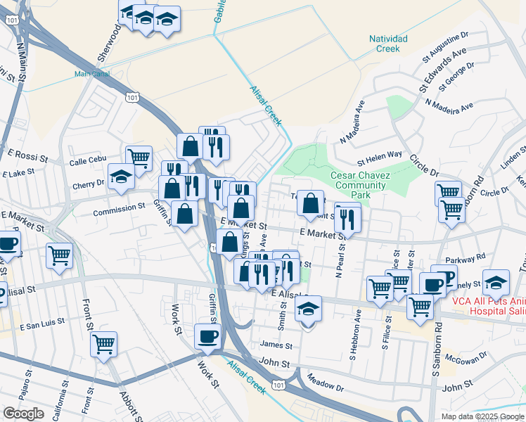map of restaurants, bars, coffee shops, grocery stores, and more near 121 North Madeira Avenue in Salinas