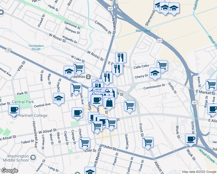 map of restaurants, bars, coffee shops, grocery stores, and more near 67 East Market Street in Salinas