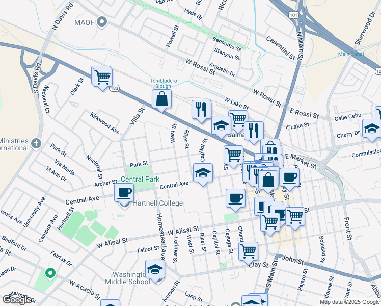 map of restaurants, bars, coffee shops, grocery stores, and more near 220 Park Street in Salinas
