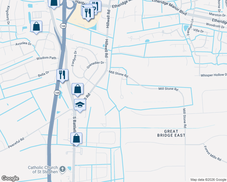 map of restaurants, bars, coffee shops, grocery stores, and more near 1208 Mill Run in Chesapeake