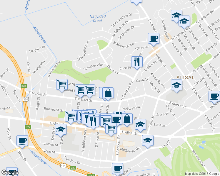 map of restaurants, bars, coffee shops, grocery stores, and more near 765 Elton Place in Salinas