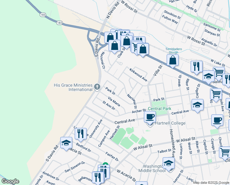 map of restaurants, bars, coffee shops, grocery stores, and more near 660 Park Street in Salinas