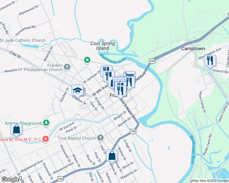map of restaurants, bars, coffee shops, grocery stores, and more near 209 North Main Street in Franklin