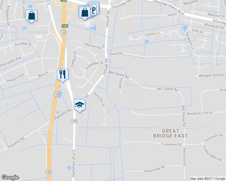 map of restaurants, bars, coffee shops, grocery stores, and more near 1208 Mill Run in Chesapeake