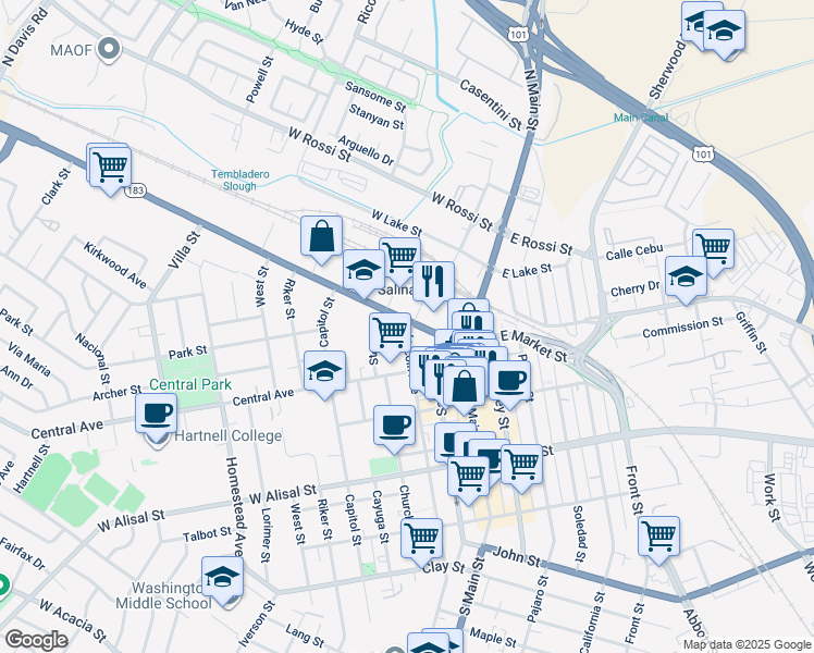 map of restaurants, bars, coffee shops, grocery stores, and more near in Salinas