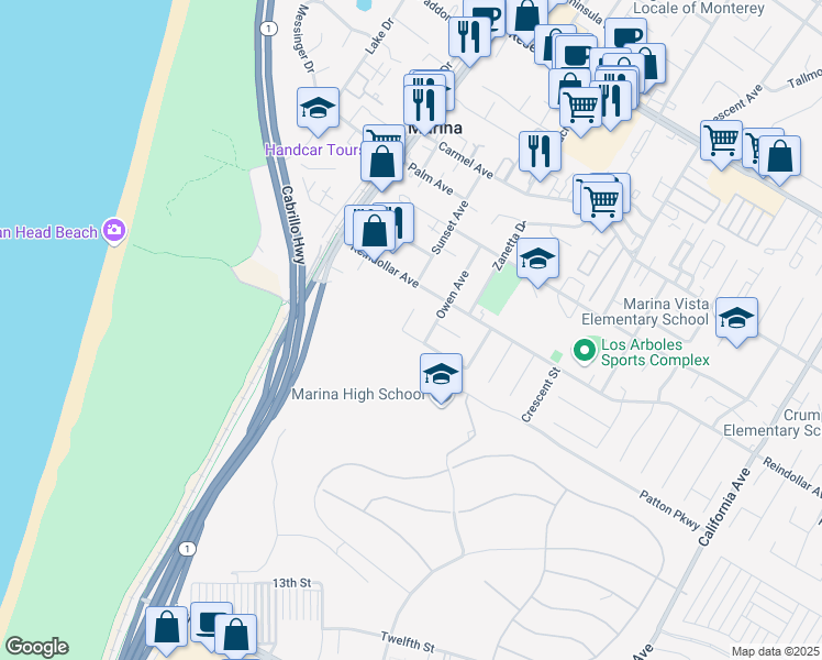 map of restaurants, bars, coffee shops, grocery stores, and more near 3008 Seeno Circle in Marina