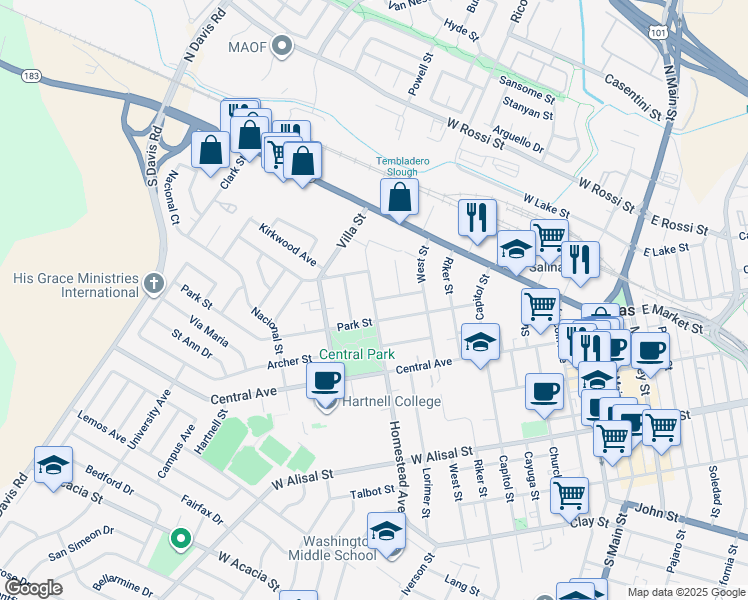 map of restaurants, bars, coffee shops, grocery stores, and more near Homestead Avenue & Alexander Street in Salinas