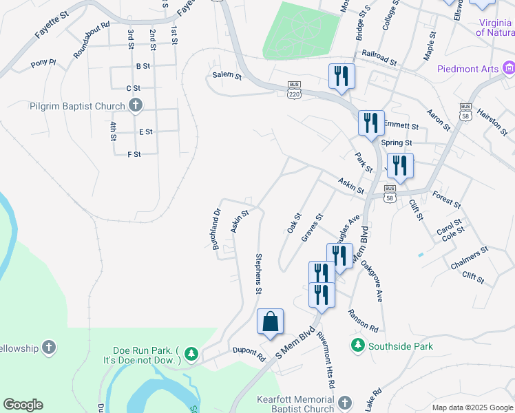 map of restaurants, bars, coffee shops, grocery stores, and more near 101 Stephens Street in Martinsville