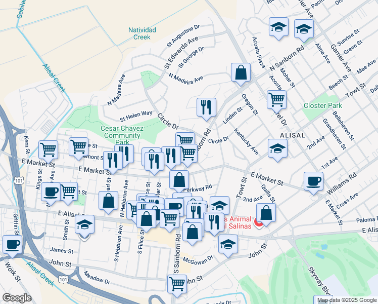 map of restaurants, bars, coffee shops, grocery stores, and more near 303 North Sanborn Road in Salinas