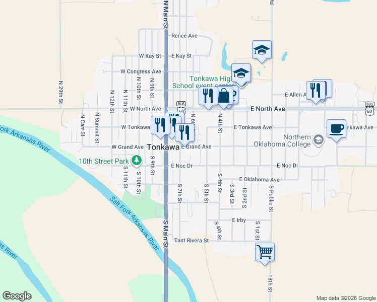 map of restaurants, bars, coffee shops, grocery stores, and more near 219 1/2 East Grand Avenue in Tonkawa