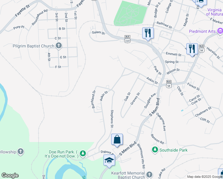 map of restaurants, bars, coffee shops, grocery stores, and more near 1099 Askin St in Martinsville