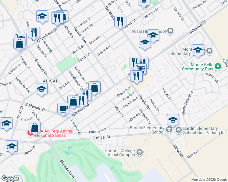 map of restaurants, bars, coffee shops, grocery stores, and more near 436 Williams Road in Salinas