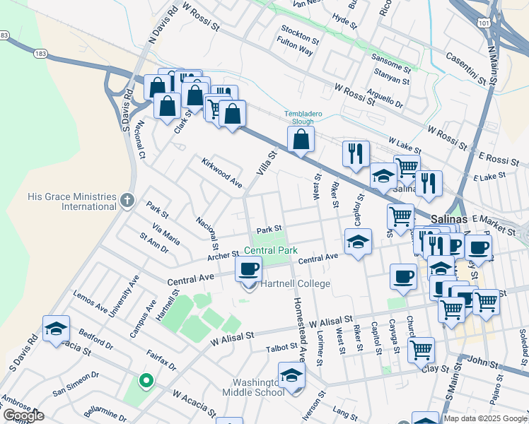 map of restaurants, bars, coffee shops, grocery stores, and more near 53 Buena Vista Street in Salinas