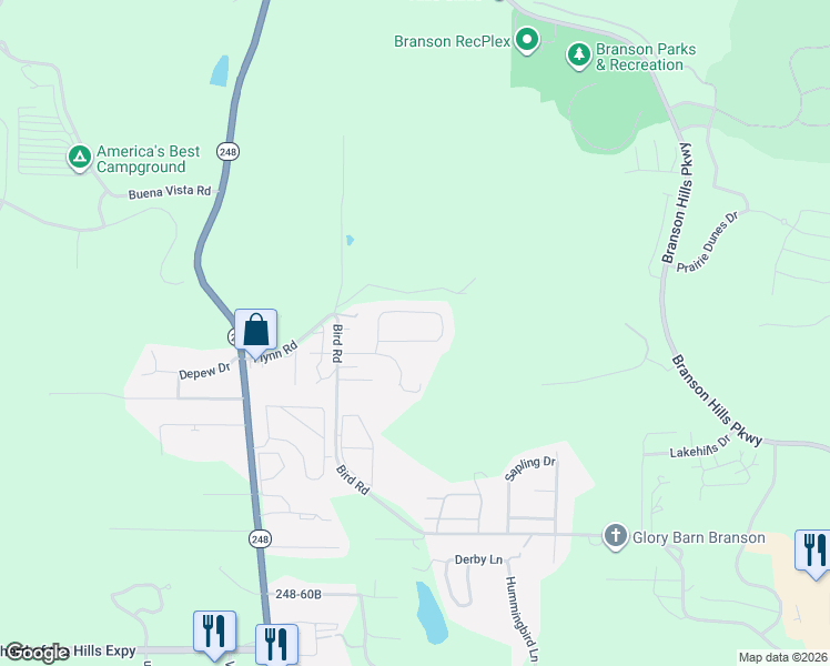 map of restaurants, bars, coffee shops, grocery stores, and more near 468 Quail Road in Branson