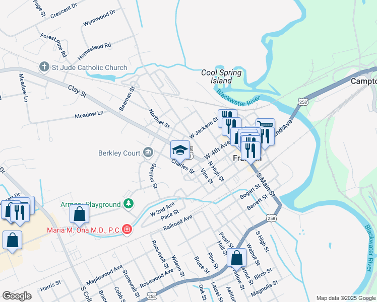 map of restaurants, bars, coffee shops, grocery stores, and more near 314 U.S. 58 Business in Franklin