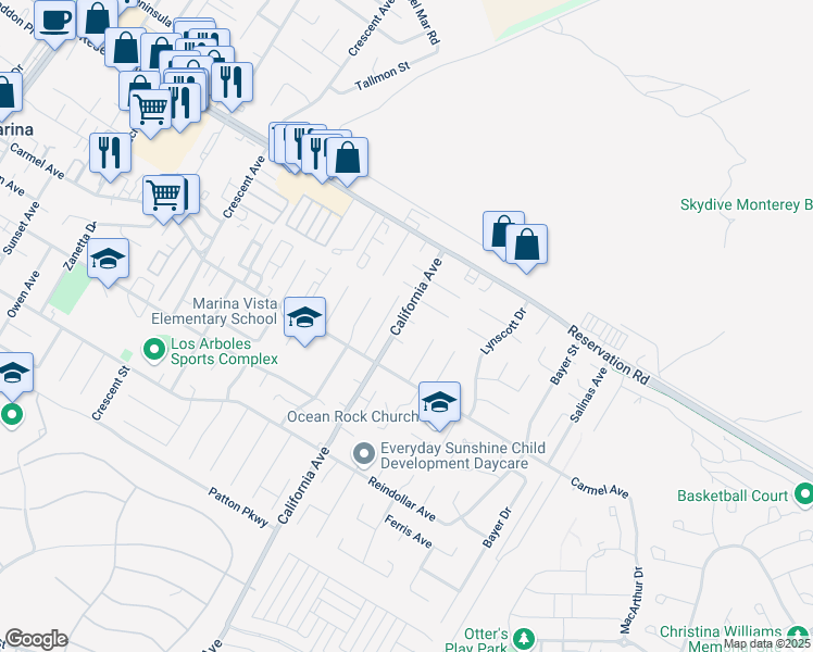map of restaurants, bars, coffee shops, grocery stores, and more near 409 Jerry Court in Marina