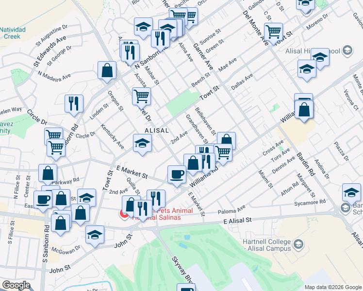 map of restaurants, bars, coffee shops, grocery stores, and more near 403 Midway Avenue in Salinas