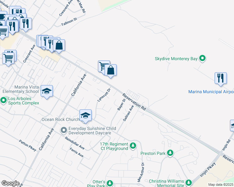 map of restaurants, bars, coffee shops, grocery stores, and more near 470 Reservation Road in Marina