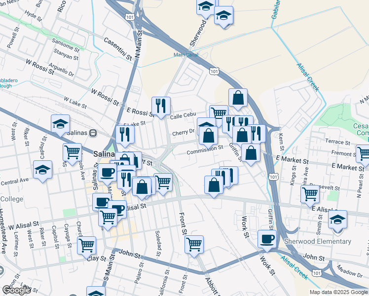 map of restaurants, bars, coffee shops, grocery stores, and more near 245 Commission Street in Salinas