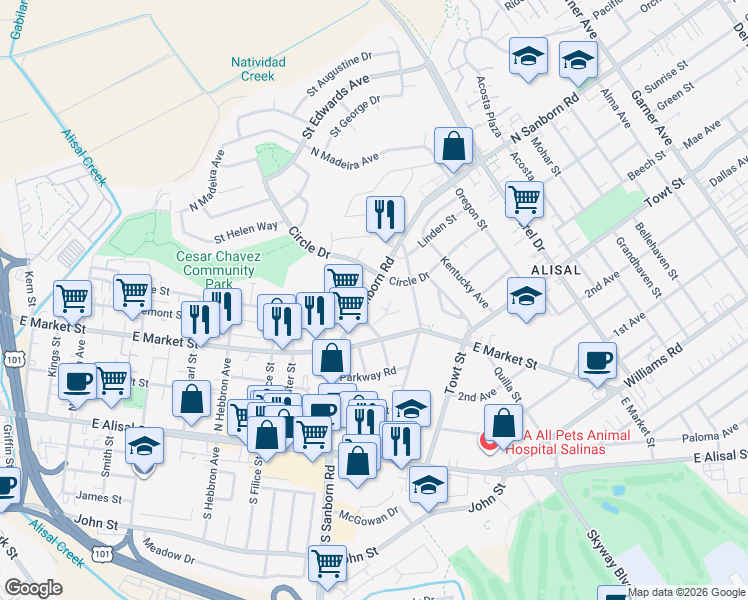 map of restaurants, bars, coffee shops, grocery stores, and more near 303 North Sanborn Road in Salinas