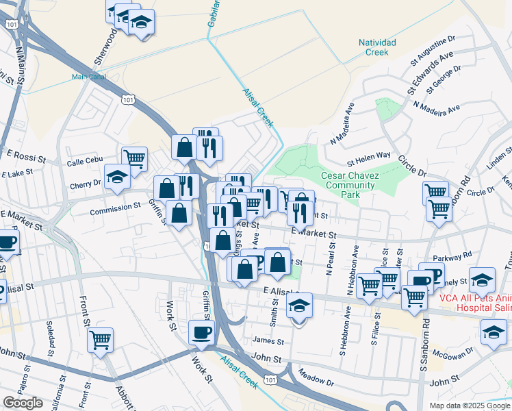 map of restaurants, bars, coffee shops, grocery stores, and more near 121 North Madeira Avenue in Salinas