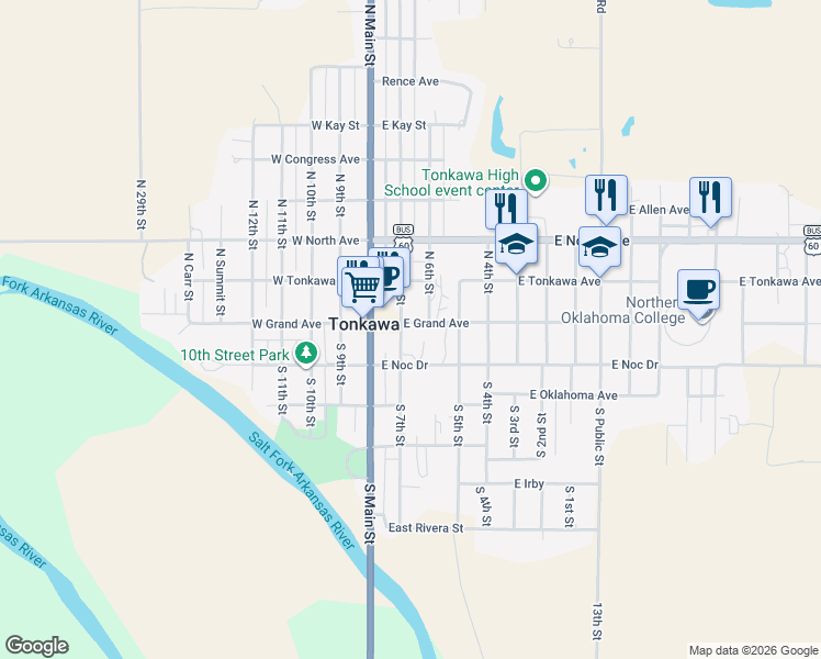 map of restaurants, bars, coffee shops, grocery stores, and more near 219 1/2 East Grand Avenue in Tonkawa