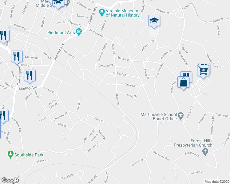 map of restaurants, bars, coffee shops, grocery stores, and more near 610 Rives Road in Martinsville