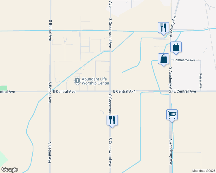 map of restaurants, bars, coffee shops, grocery stores, and more near 3925 South Greenwood Avenue in Sanger