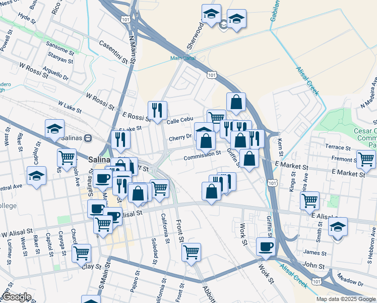 map of restaurants, bars, coffee shops, grocery stores, and more near 245 Commission Street in Salinas