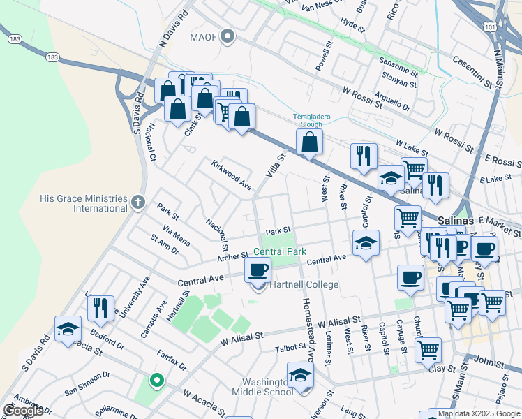map of restaurants, bars, coffee shops, grocery stores, and more near 46 Villa Street in Salinas