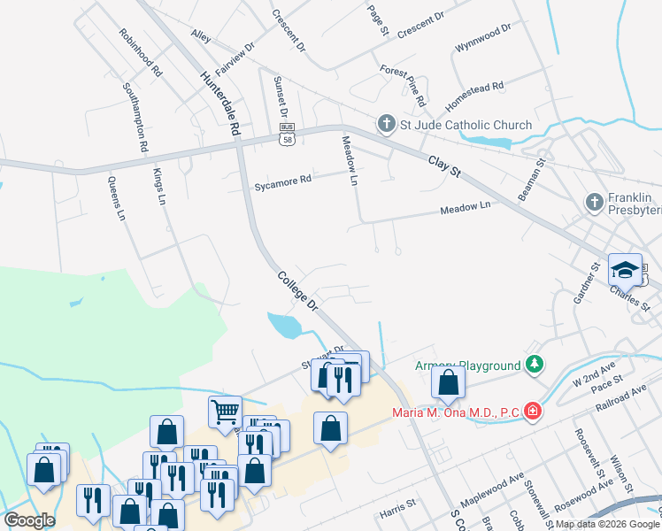 map of restaurants, bars, coffee shops, grocery stores, and more near 376 North College Drive in Franklin