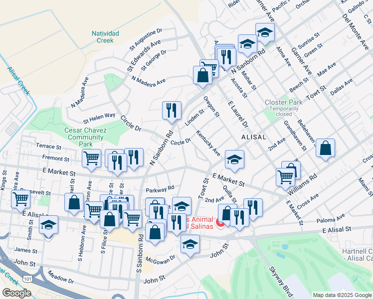 map of restaurants, bars, coffee shops, grocery stores, and more near 39 Myrtle Court in Salinas