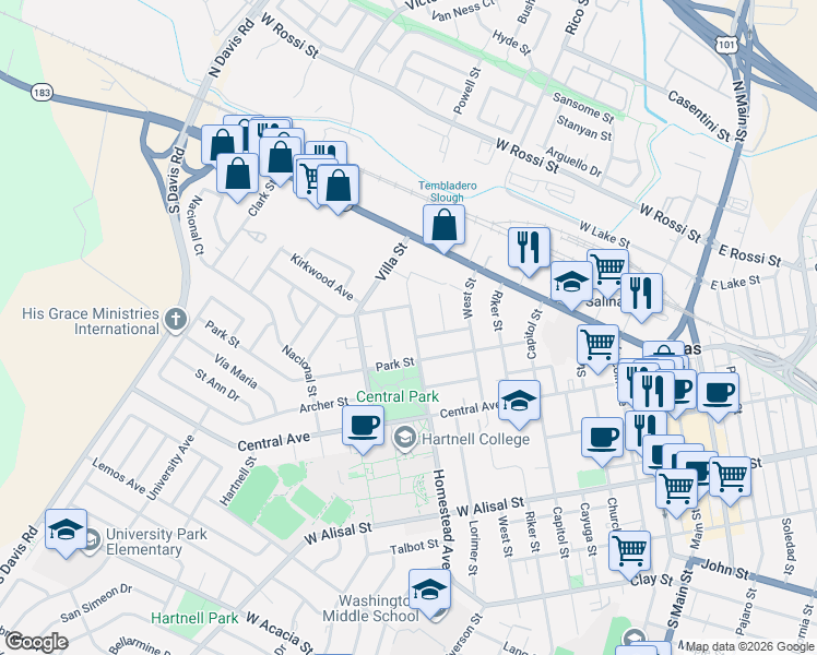 map of restaurants, bars, coffee shops, grocery stores, and more near 53 Buena Vista Street in Salinas