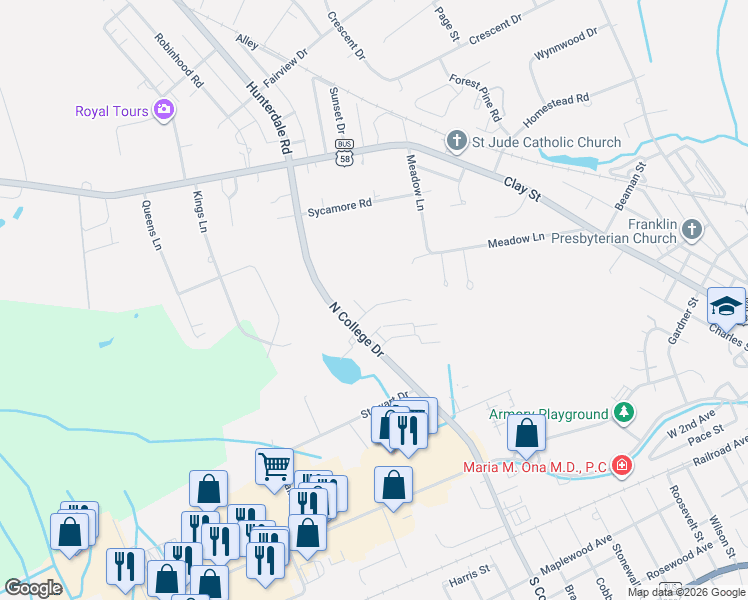 map of restaurants, bars, coffee shops, grocery stores, and more near 105 Summit Path in Franklin