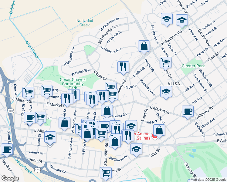 map of restaurants, bars, coffee shops, grocery stores, and more near 303 North Sanborn Road in Salinas
