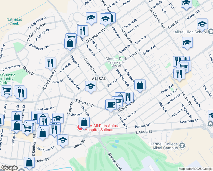 map of restaurants, bars, coffee shops, grocery stores, and more near 1472 2nd Avenue in Salinas
