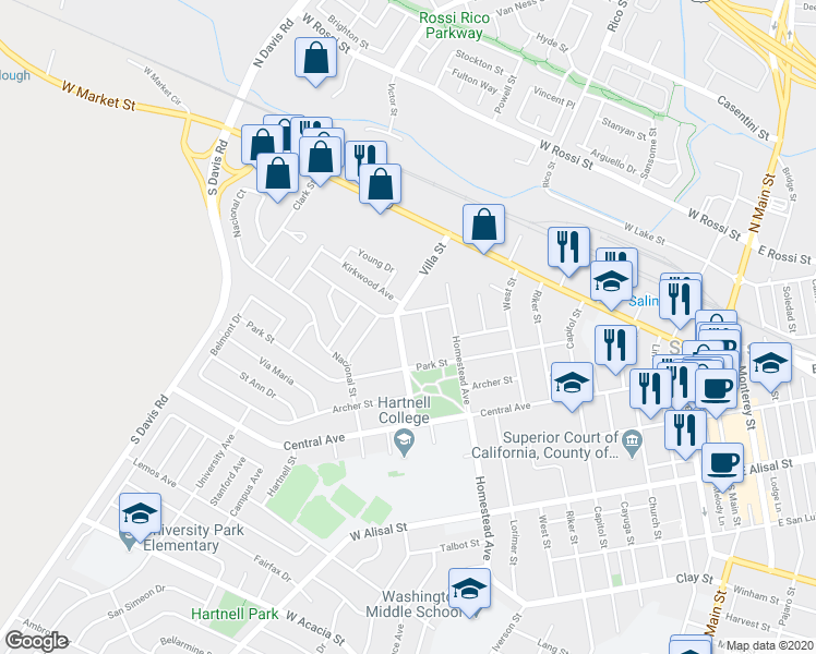 map of restaurants, bars, coffee shops, grocery stores, and more near 46 Villa Street in Salinas