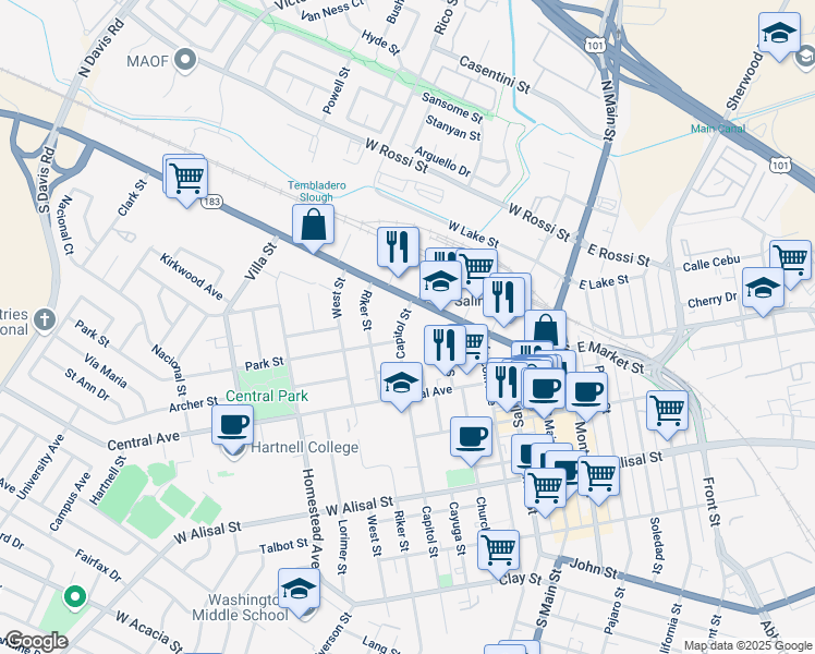 map of restaurants, bars, coffee shops, grocery stores, and more near 23 Capitol Street in Salinas