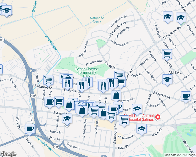 map of restaurants, bars, coffee shops, grocery stores, and more near 727 Elton Place in Salinas