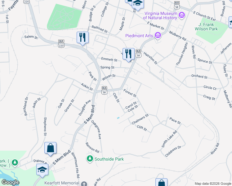 map of restaurants, bars, coffee shops, grocery stores, and more near 309-341 Clift Street in Martinsville