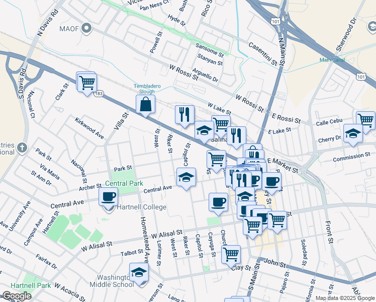 map of restaurants, bars, coffee shops, grocery stores, and more near 23 Capitol Street in Salinas