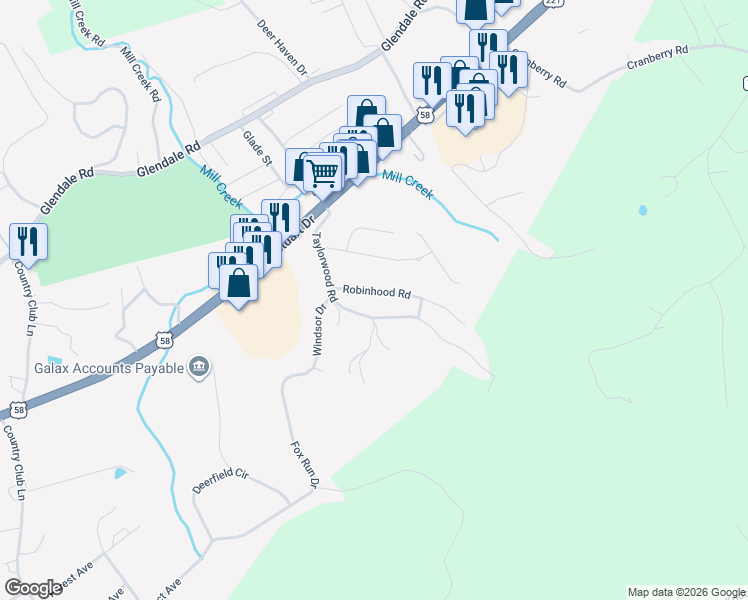 map of restaurants, bars, coffee shops, grocery stores, and more near 220-266 Taylorwood Road in Galax